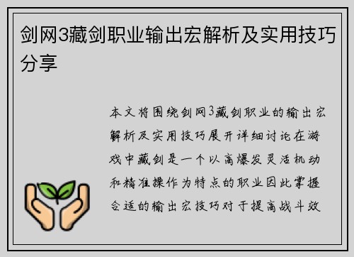 剑网3藏剑职业输出宏解析及实用技巧分享